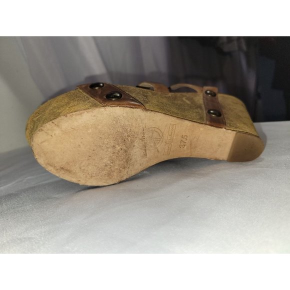 HOUSE OF HARLOW 1960 Vintage style Leather Wedge Heels Sandals Metal Buttons - Picture 7 of 7